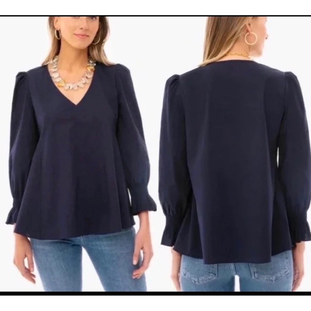 Pomander Place Navy Blue V-Neck Puff Sleeve Smocked Cuff Blouse Top Large